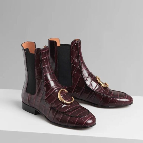 Chloe C Flat Chelsea Boots Burgundy - Picture 1 of 8